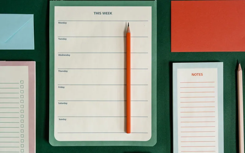 Mesa de trabajo con calendario de comidas